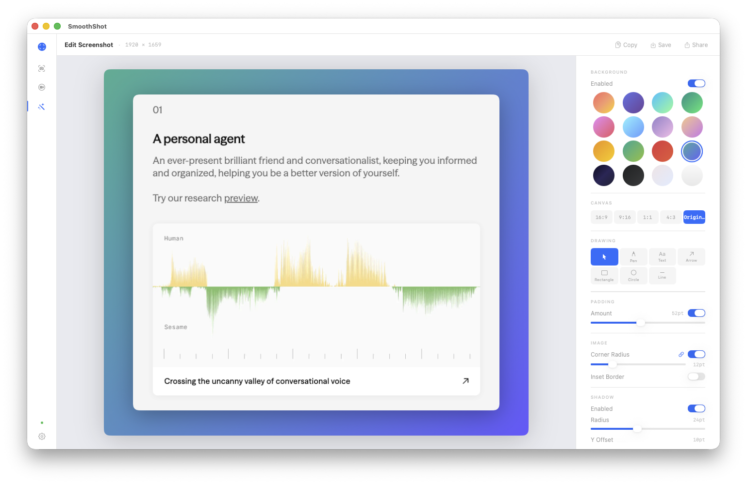 SmoothShot editor showing a screenshot with a beautiful gradient background, rounded corners, and soft shadows